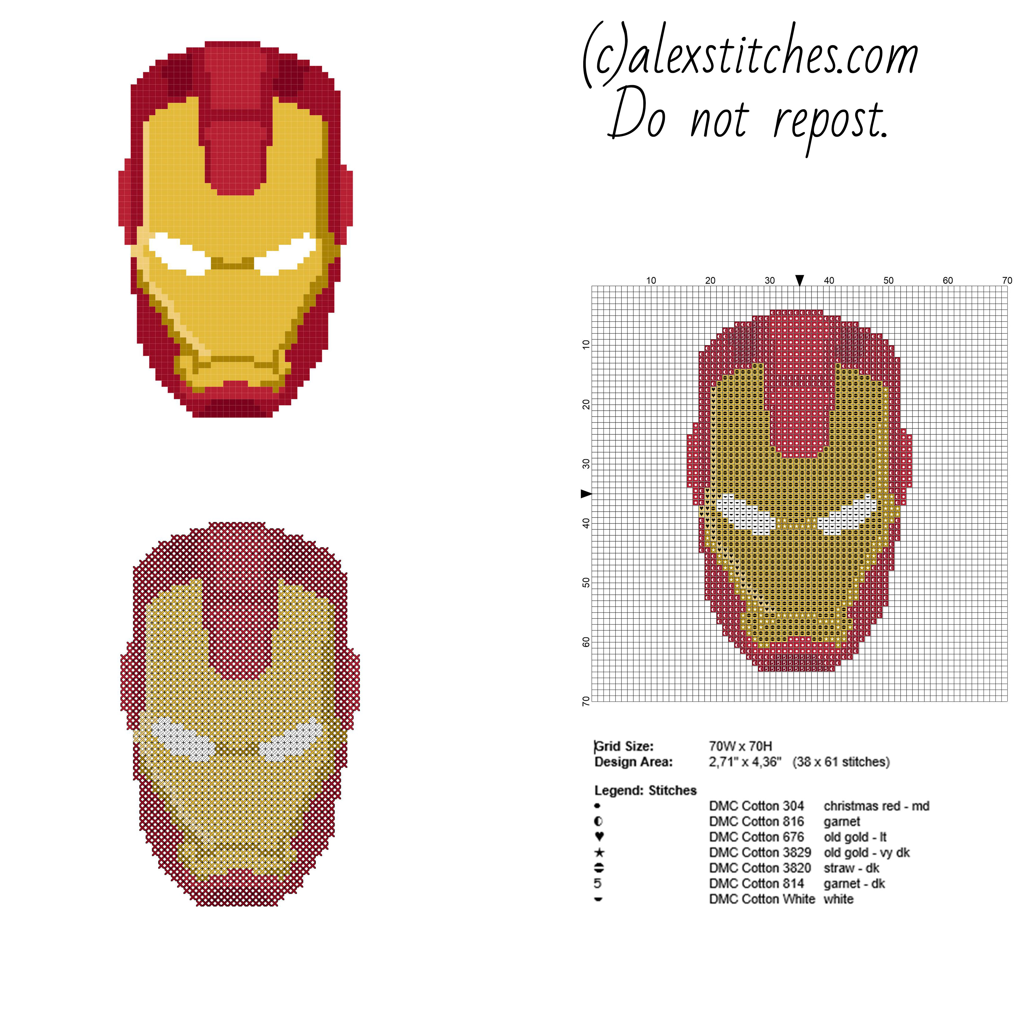 Superhero Ironman face free and small cross stitch pattern 38 x 61 stitches 7 DMC threads