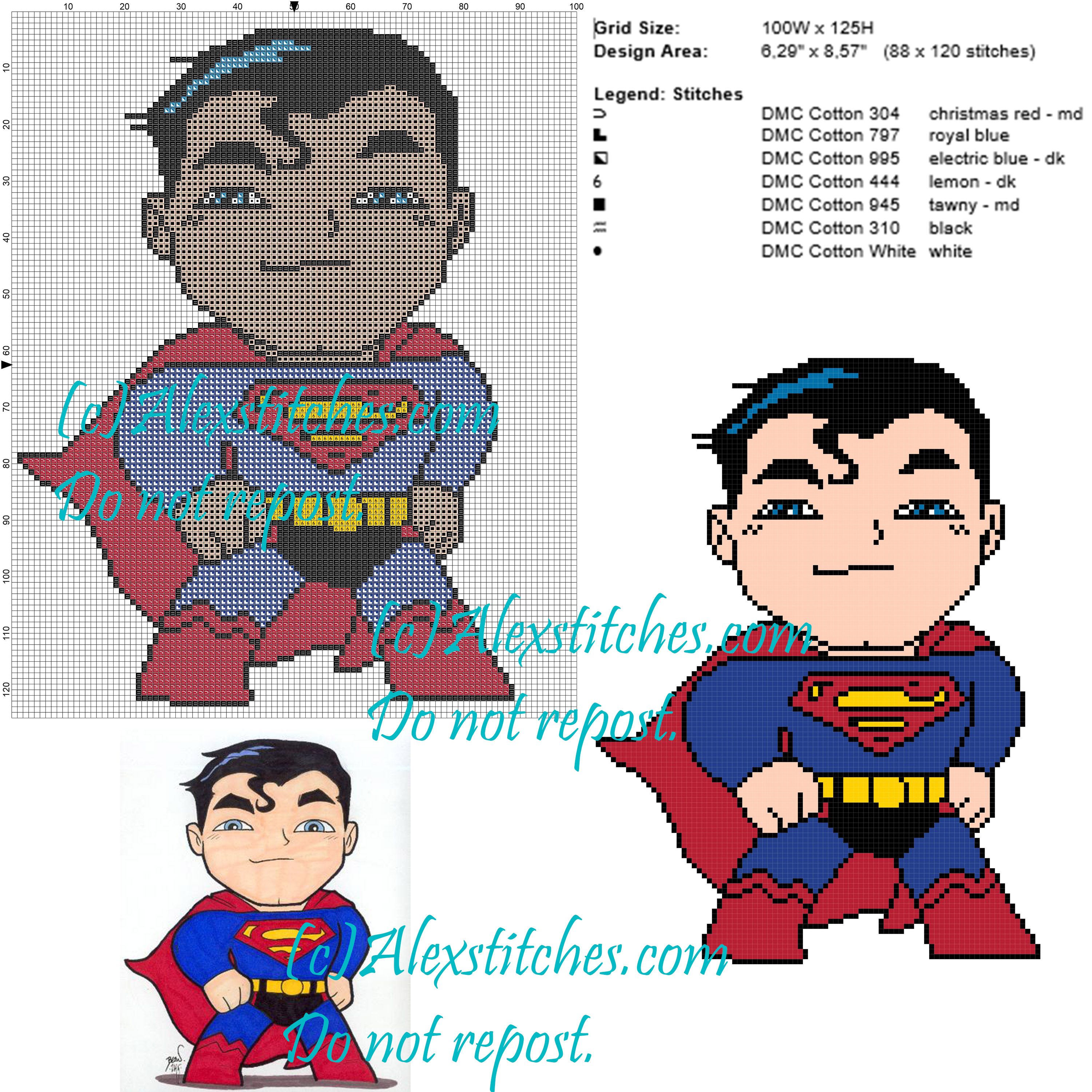 Superman cross stitch pattern 100x125 7 colors