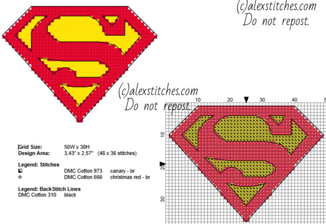 Superman original logo with backstitch 48 x 36 small size 3 DMC threads