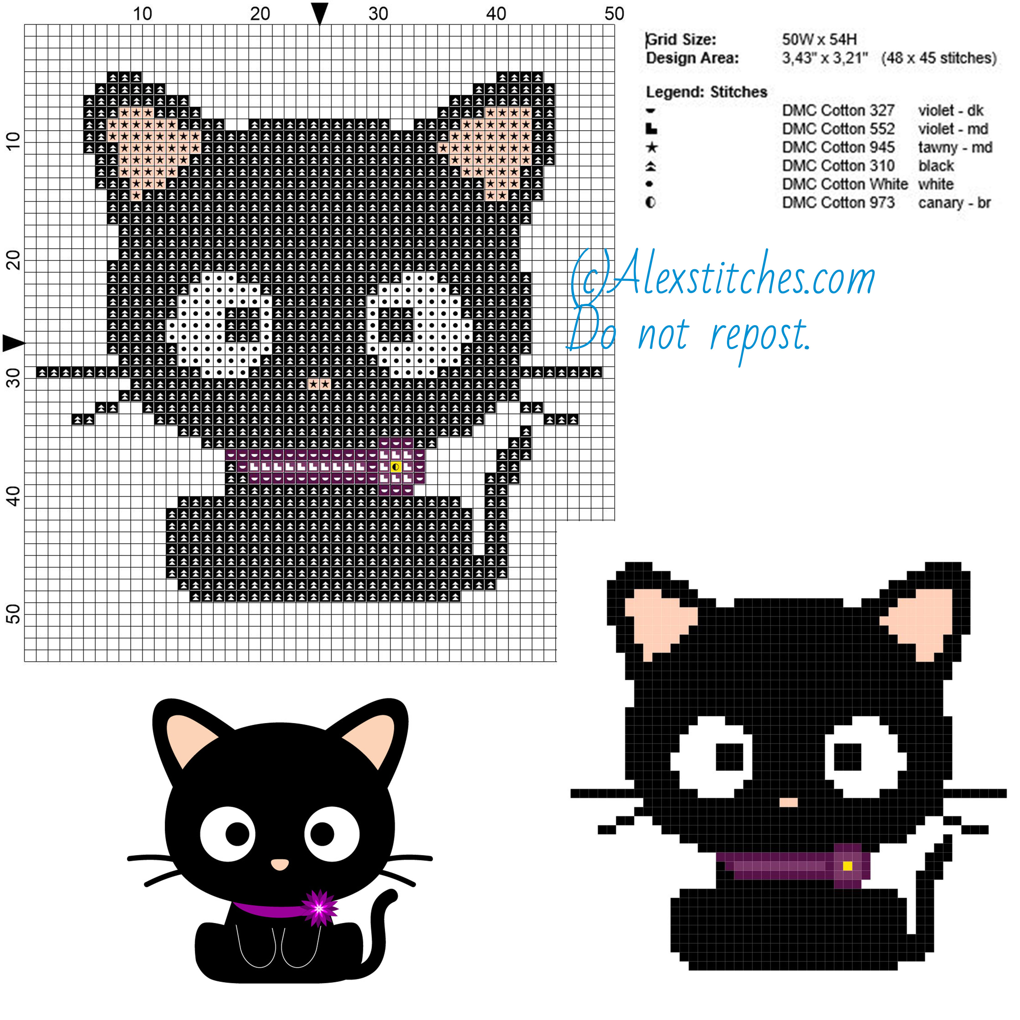 Sweet Cat free cross stitch pattern 50x54 6 colors