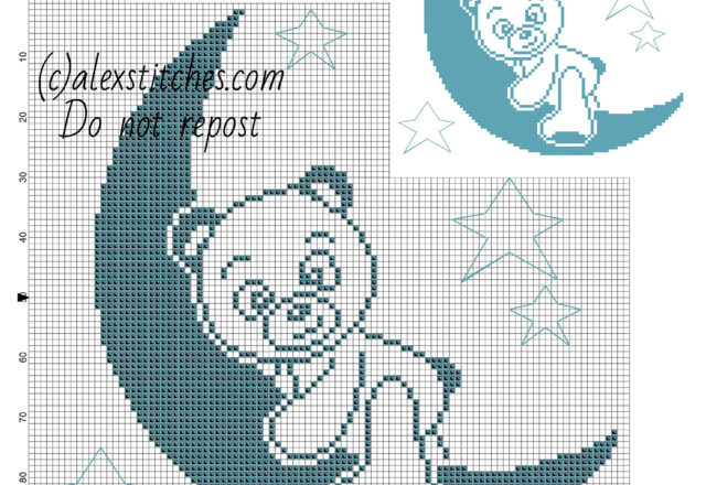 Sweet aqua green teddy bear on the Moon bedtime free cross stitch pattern