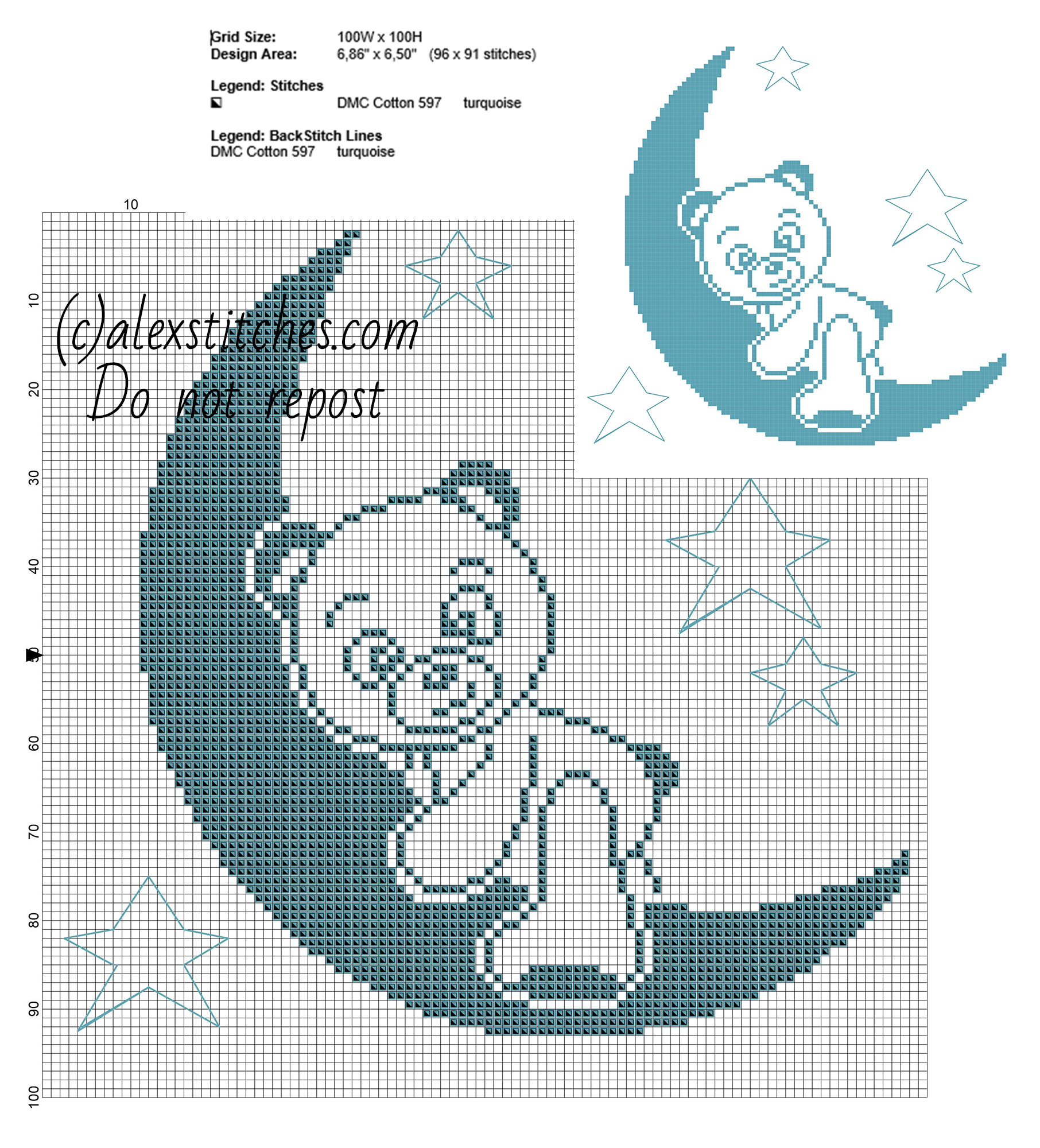 Sweet aqua green teddy bear on the Moon bedtime free cross stitch pattern - free cross stitch patterns by Alex