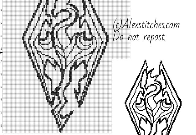 Symbol Skyrim dragon videogames free cross stitch pattern 100x126 1 color