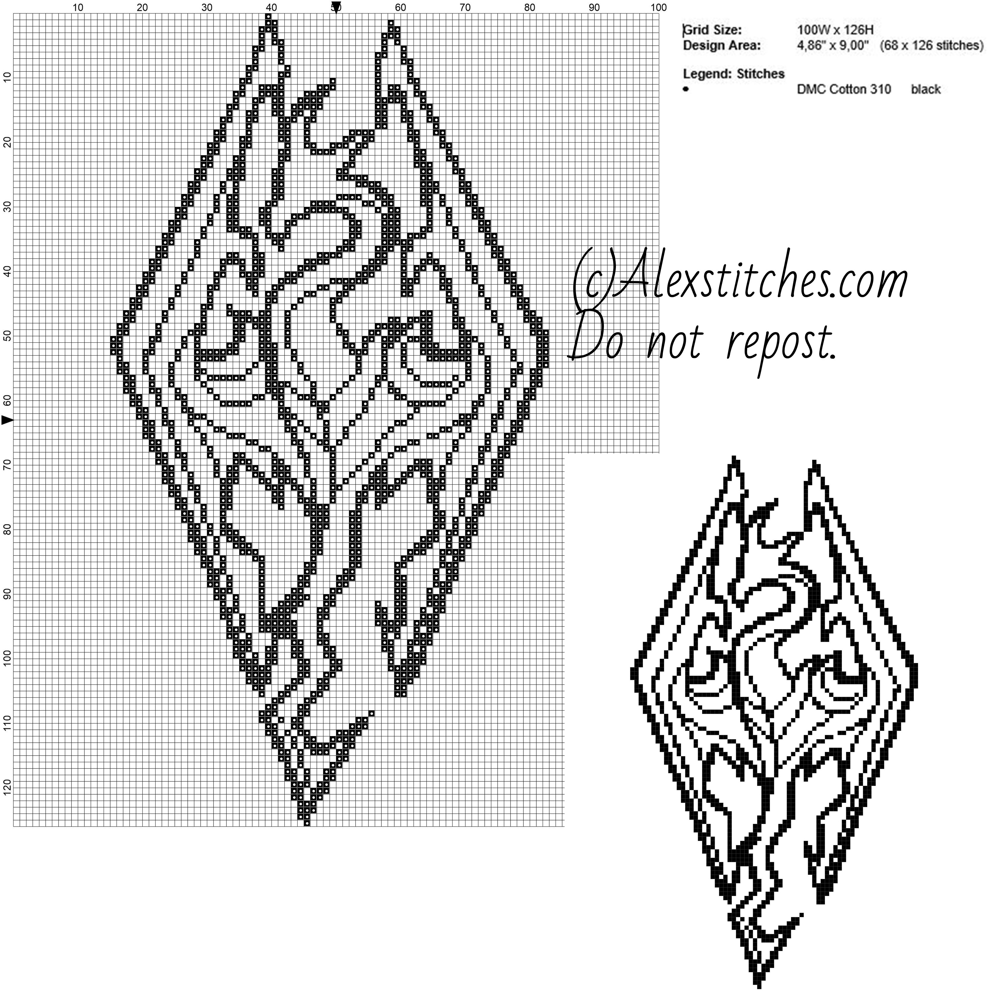 Symbol Skyrim dragon videogames free cross stitch pattern 100x126 1 color