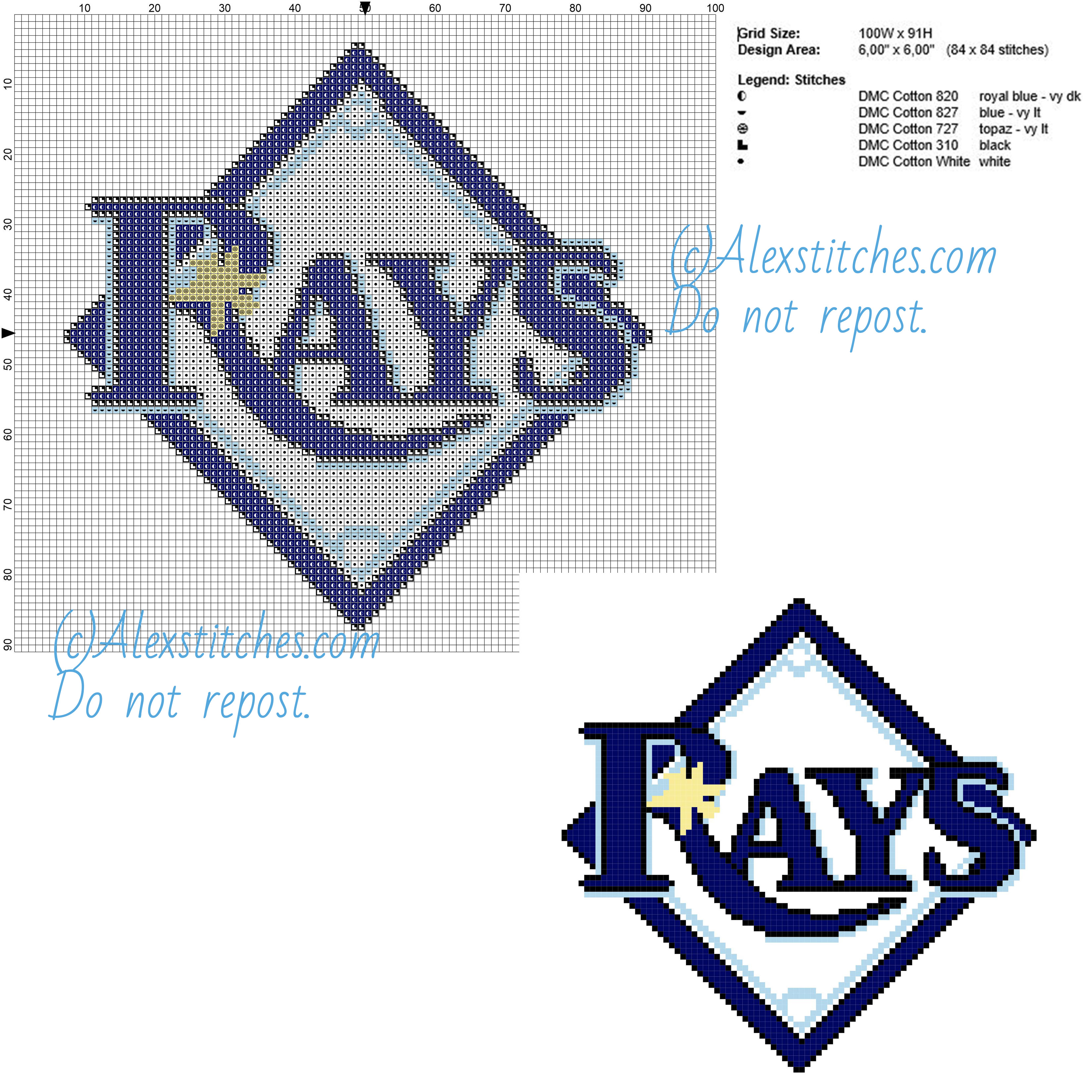 Tampa Bay Rays free logo Major League Baseball MLB cross stitch pattern 100x91 5 colors