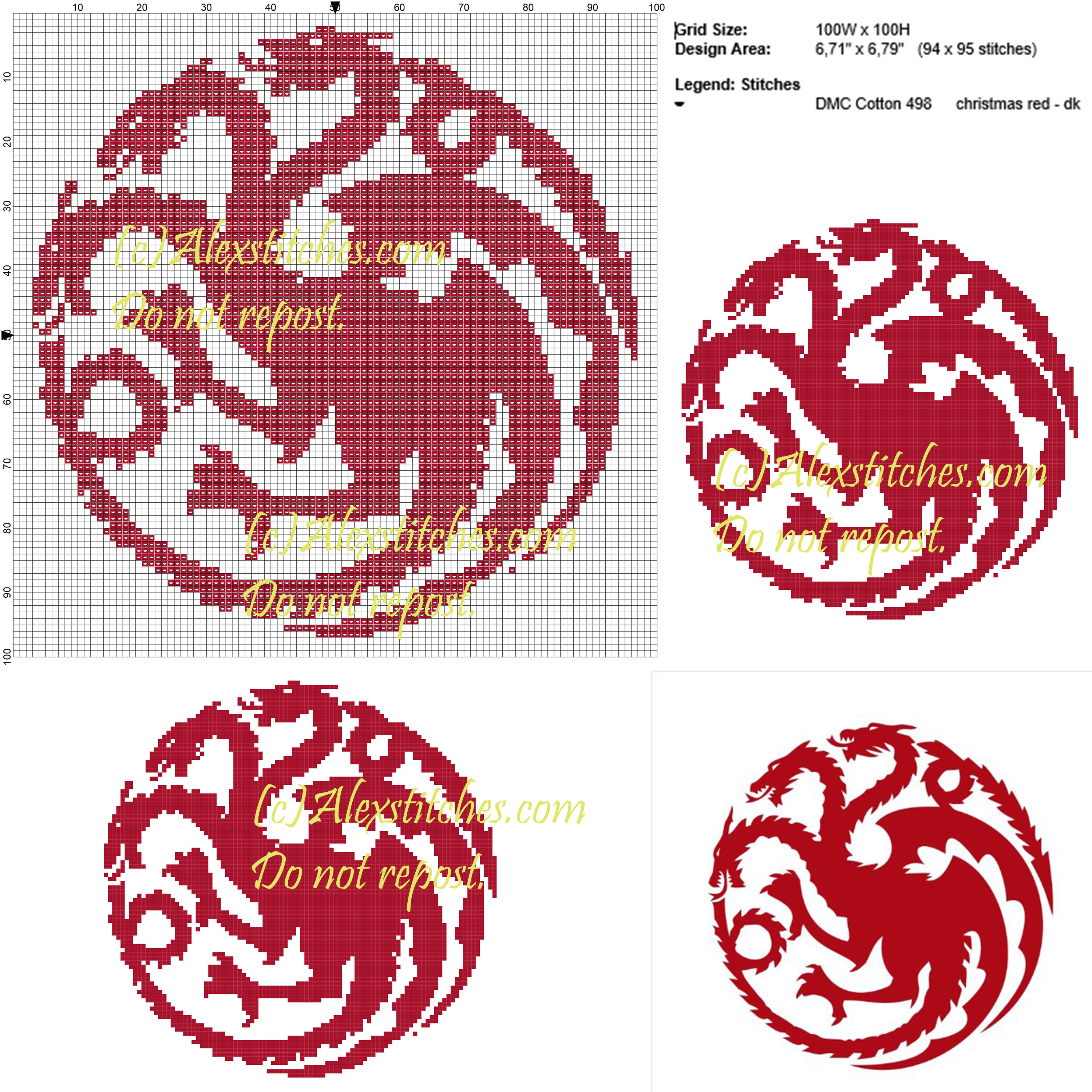 Targaryen logo Game of Thrones cross stitch pattern 100x100 1 colore