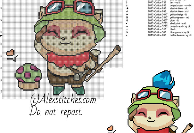 Teemo League of Legends videogame free cross stitch pattern 100x106 17 colors