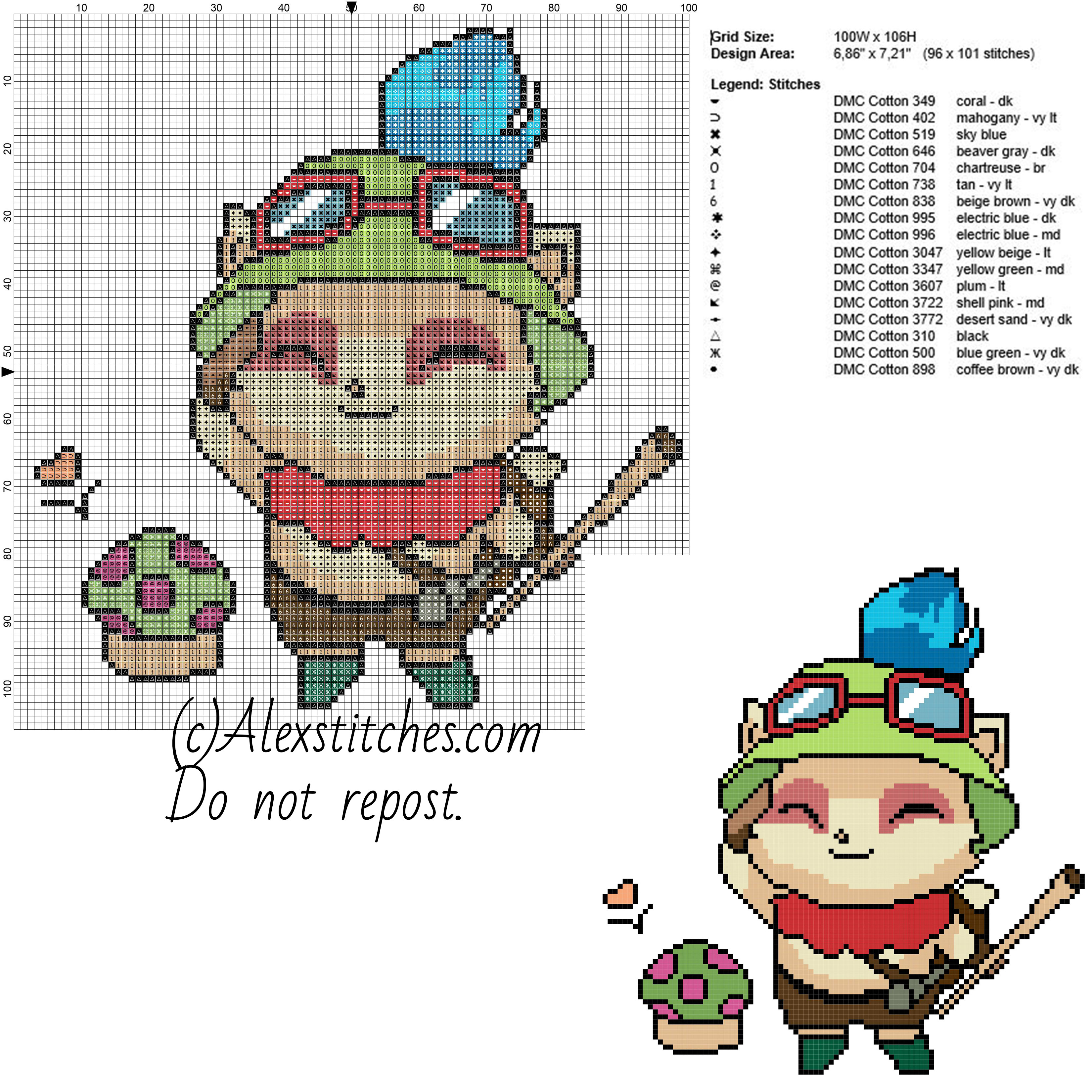 Teemo League of Legends videogame free cross stitch pattern 100x106 17 colors