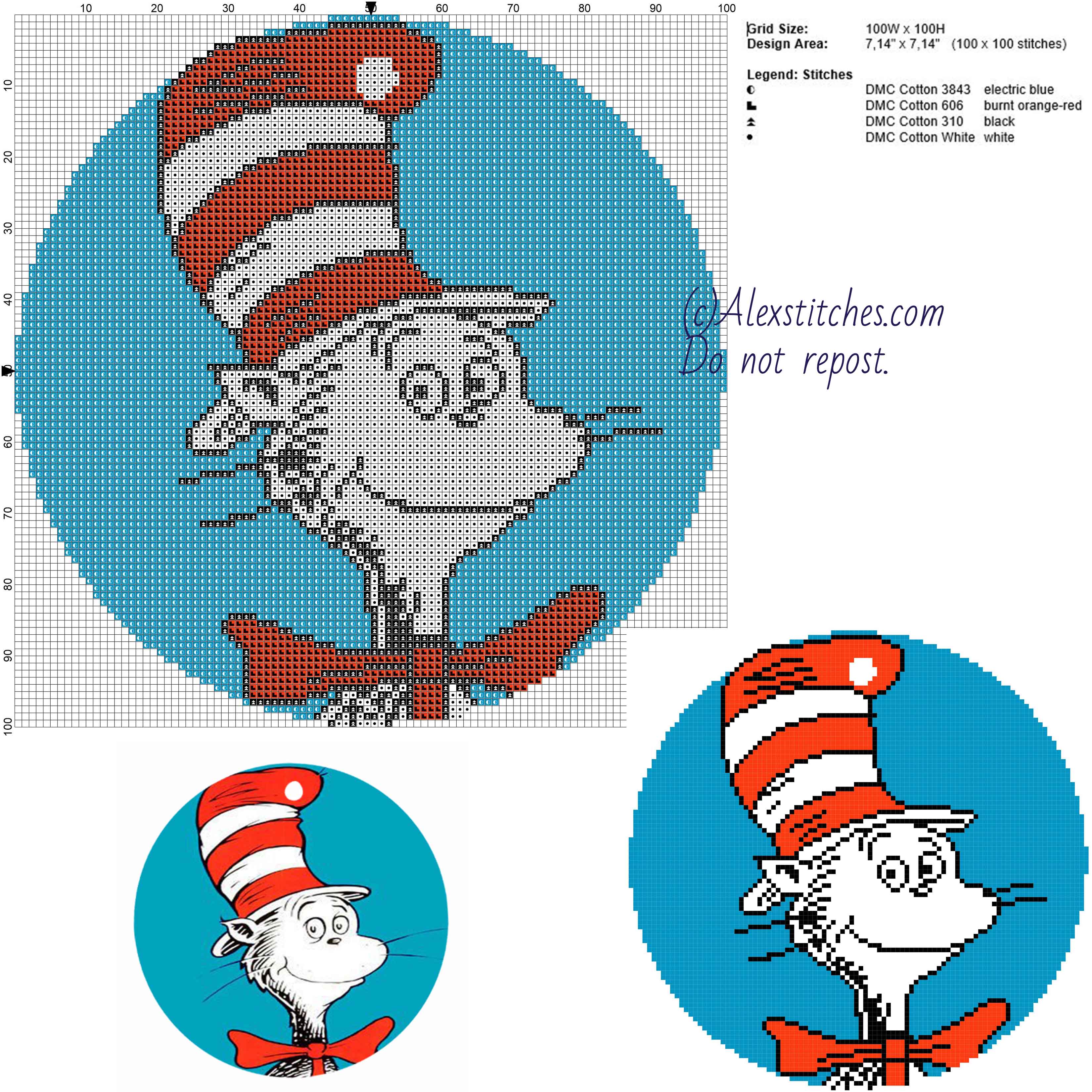 The Cat in the hat (Dr_ Seuss) free cross stitch pattern 100x100 4 colors