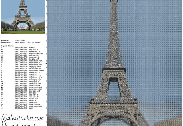 The Eiffel Tower famous place in France free cross stitch pattern size 200 x 267 stitches about 40 DMC threads needed