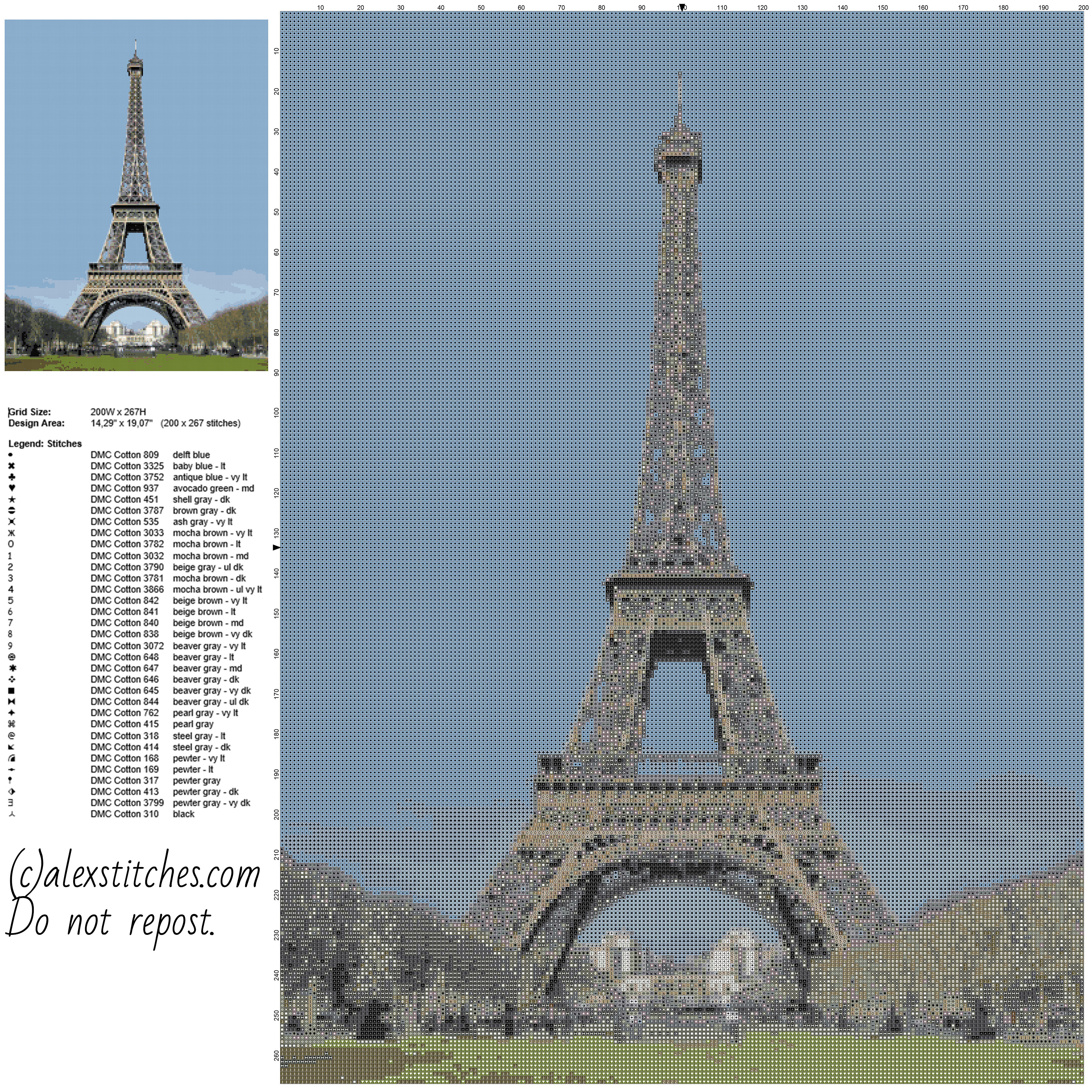 The Eiffel Tower famous place in France free cross stitch pattern size 200 x 267 stitches about 40 DMC threads needed