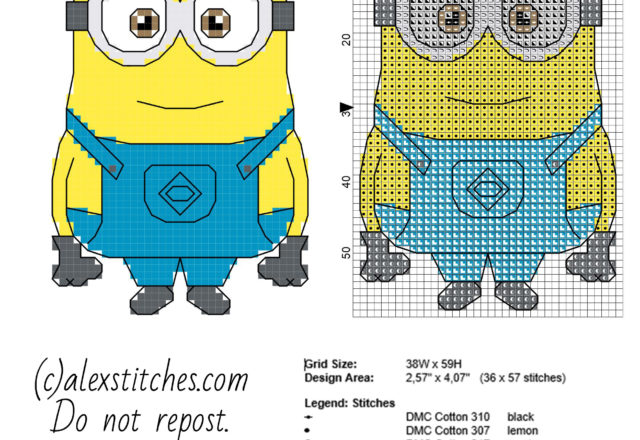 The Minion Dave from Despicable Me cartoon movie cross stitch pattern small size with backstitch use 36 x 57