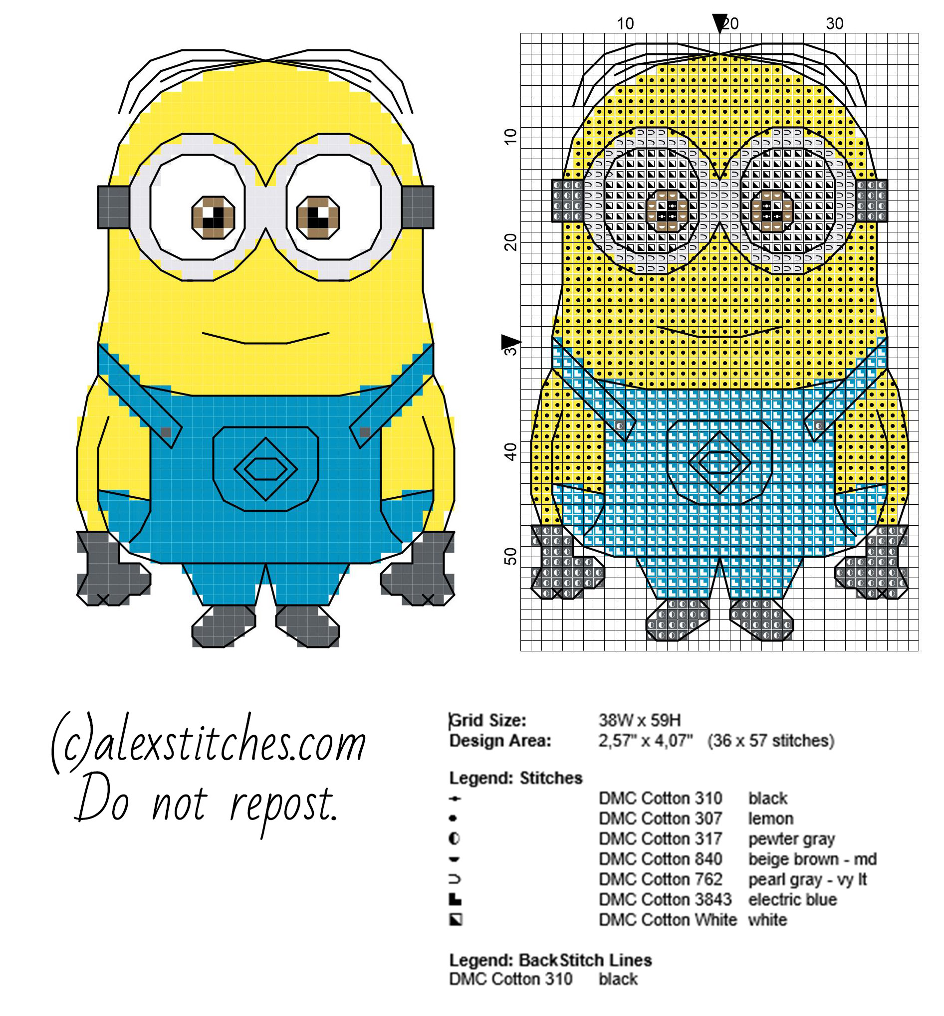 The Minion Dave from Despicable Me cartoon movie cross stitch pattern small size with backstitch use 36 x 57