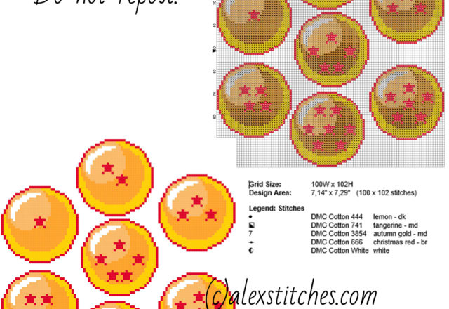 The Seven Dragon Balls from cartoon manga anime free cross stitch pattern size 100 x 102 5 DMC threads colors