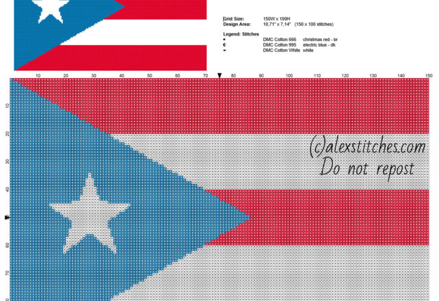 The flag of Puerto Rico free cross stitch pattern 150 x 100 stitches 3 DMC colors