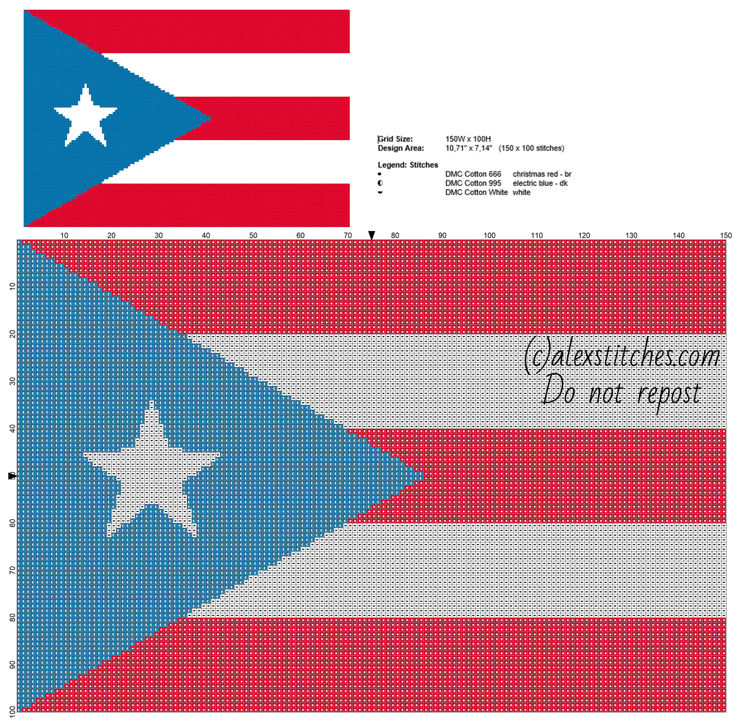 The flag of Puerto Rico free cross stitch pattern 150 x 100 stitches 3 DMC colors