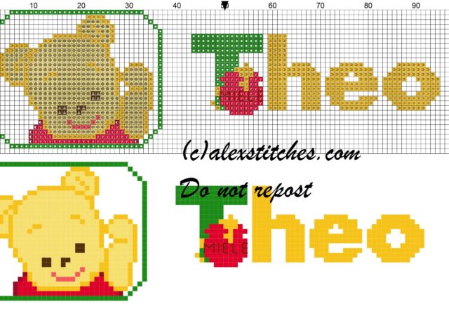 Theo name with Baby winnie the pooh free cross stitches pattern