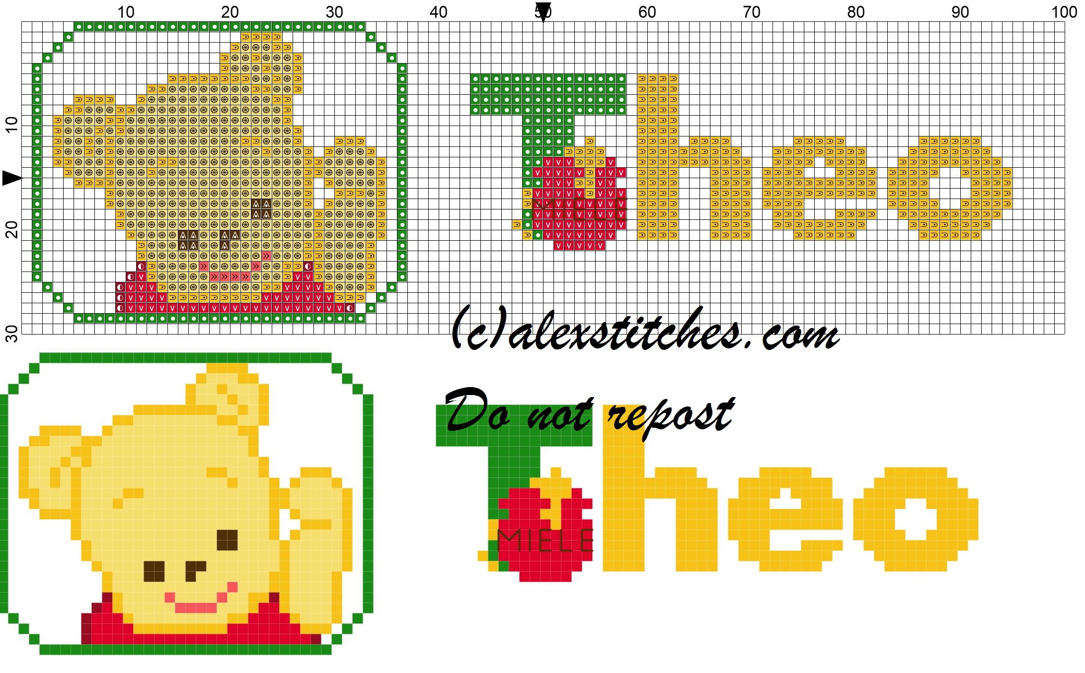 Theo name with Baby winnie the pooh free cross stitches pattern
