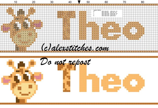 Theo name with giraffe cross stitch pattern