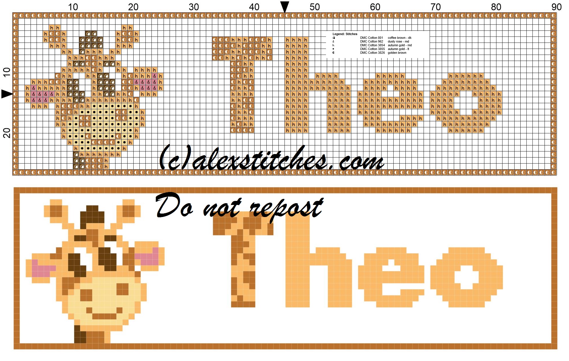 Theo name with giraffe cross stitch pattern