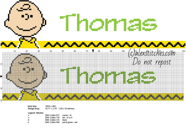 Thomas cross stitch baby male name with Charlie Brown Peanuts character