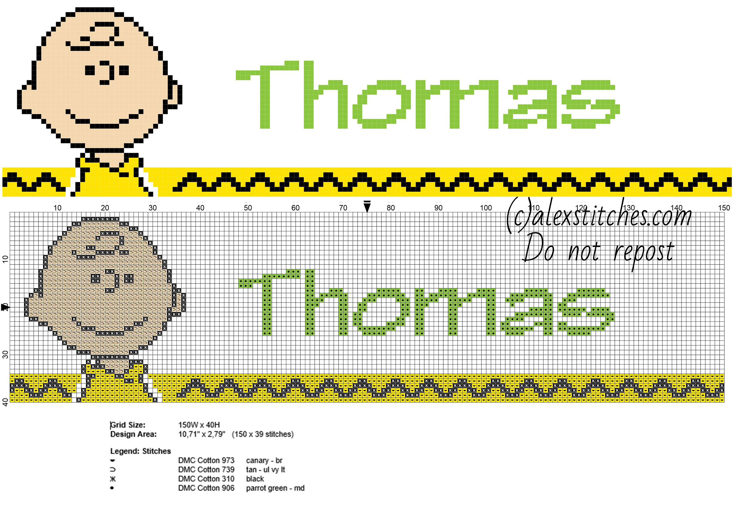 Thomas cross stitch baby male name with Charlie Brown Peanuts character