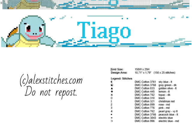 Tiago baby male name with Pokemon Squirtle free cross stitch pattern baby bibs idea
