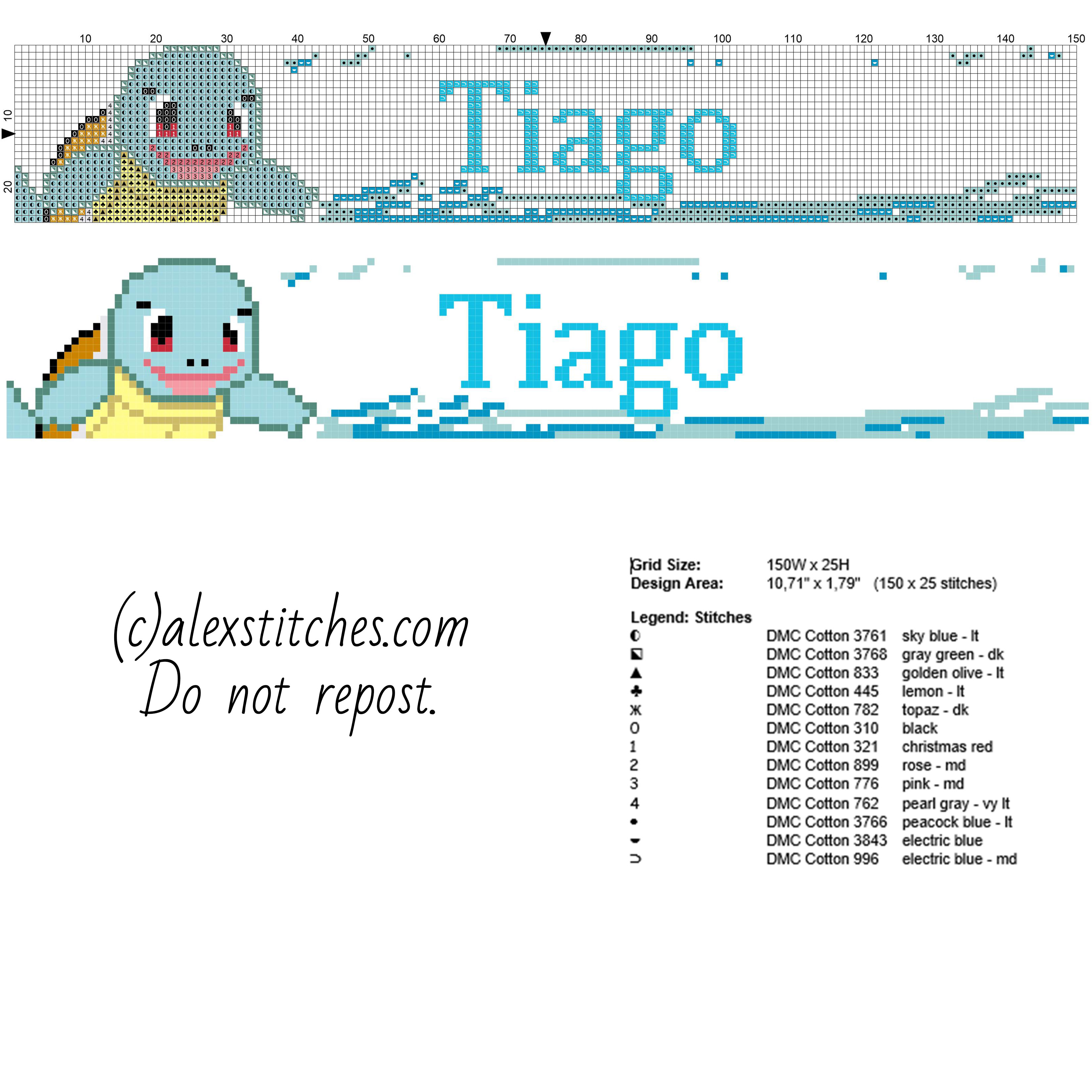 Tiago baby male name with Pokemon Squirtle free cross stitch pattern baby bibs idea