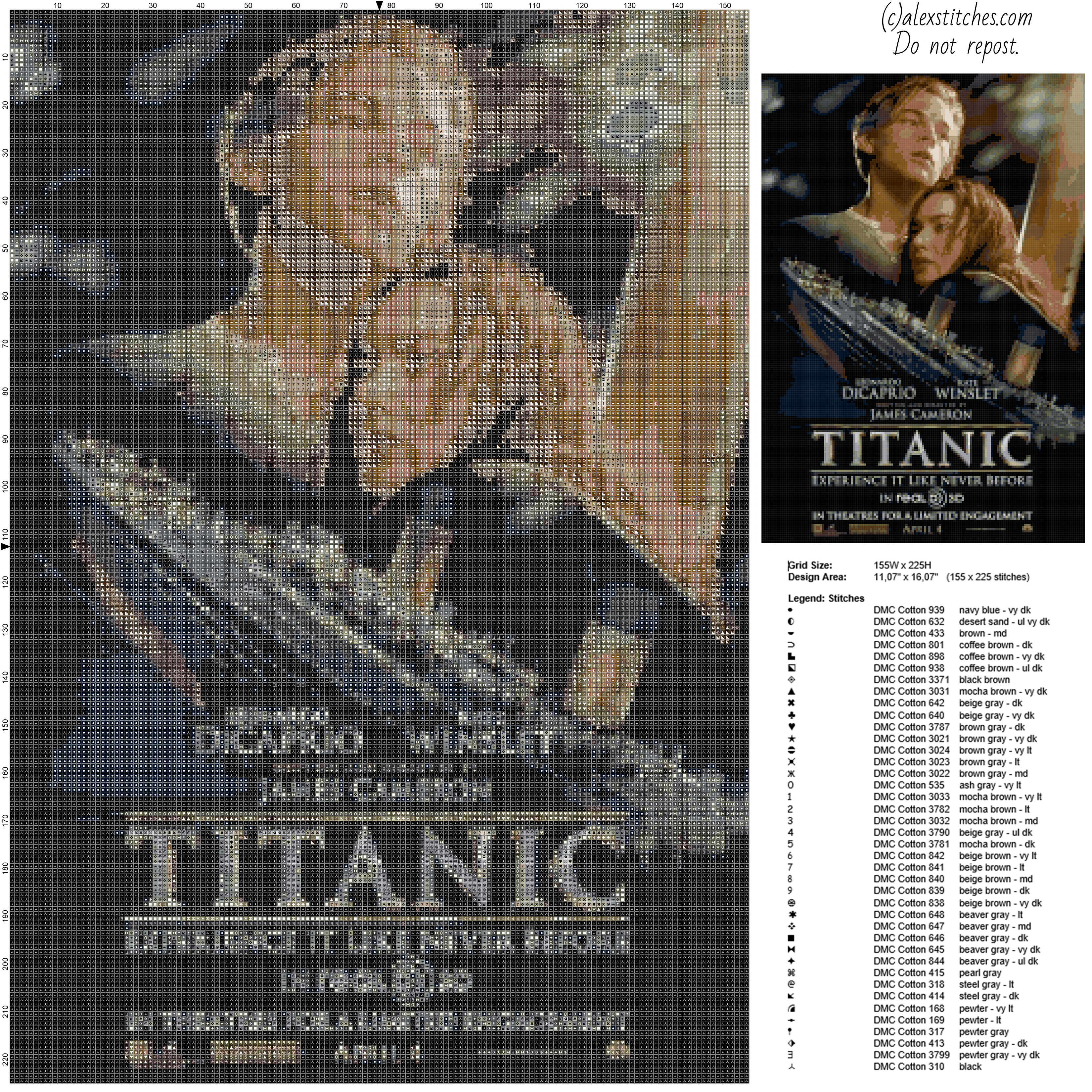 Titanic film poster free cross stitch pattern made with pcstitch software
