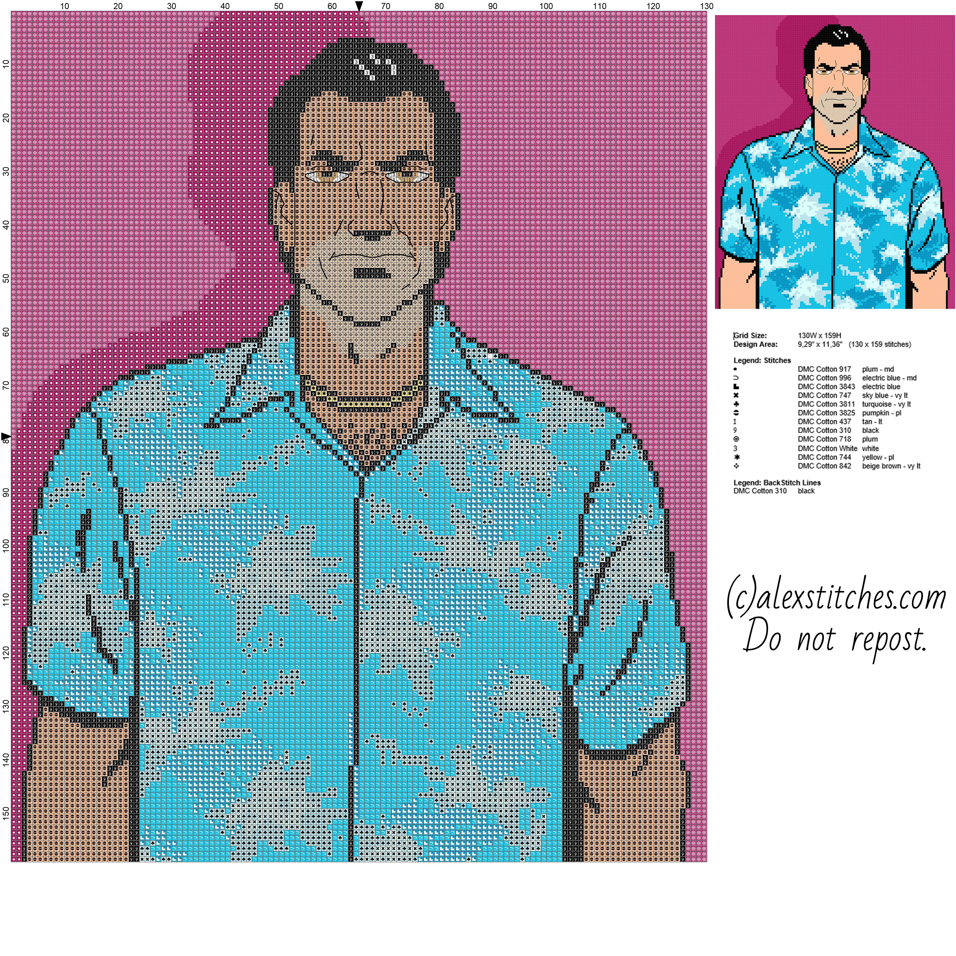 Tommy Vercetti videogame Grand Theft Auto GTA Vice City free cross stitch pattern
