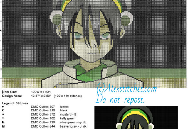 Toph (Avatar) free cross stitch pattern 190x119 13 colors