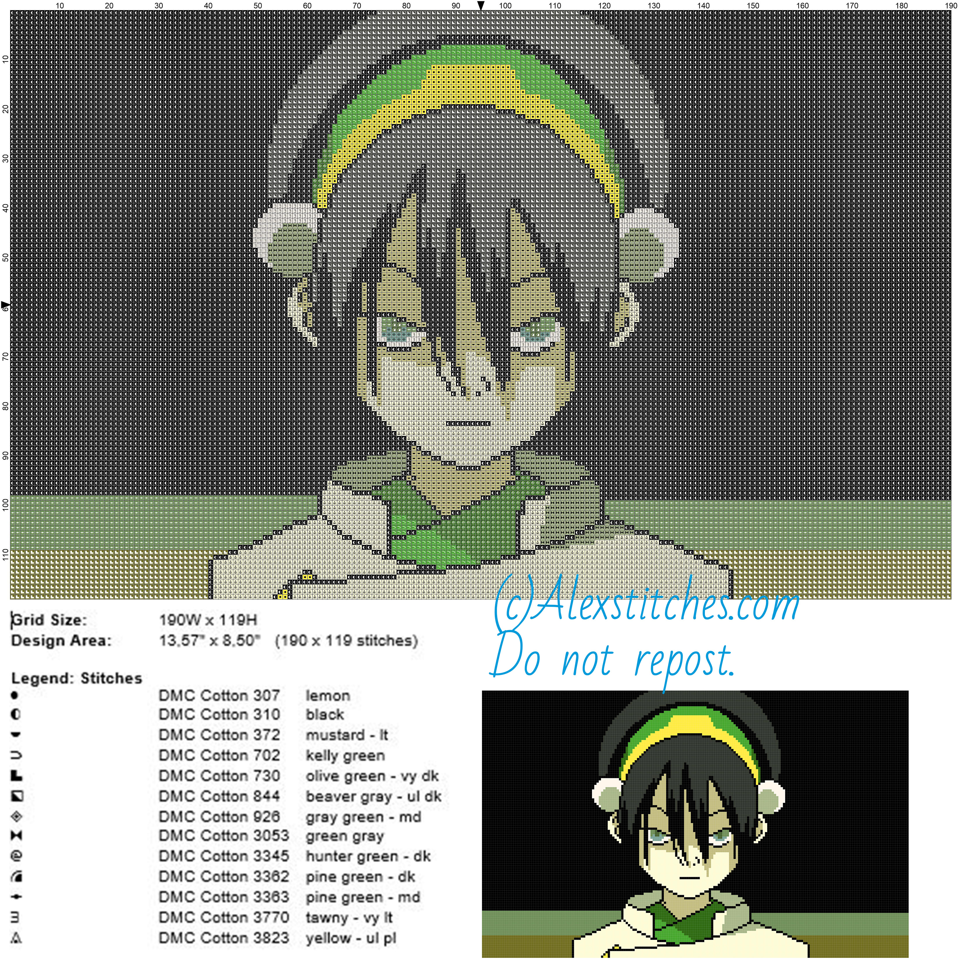 Toph (Avatar) free cross stitch pattern 190x119 13 colors