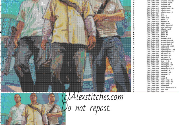 Trevor, Micheal, Franklin Grand Theft Auto V free cross stitch pattern 200x184 60 colors