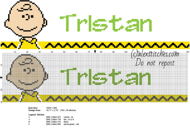 Tristan cross stitch baby male name with peanuts Charlie Brown