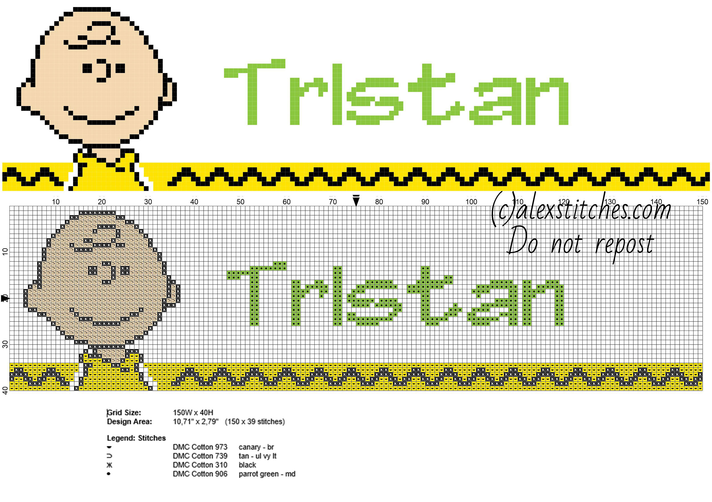 Tristan cross stitch baby male name with peanuts Charlie Brown