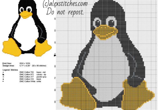 Tux the penguin mascot of Linux free cross stitch pattern made with pcstitch software