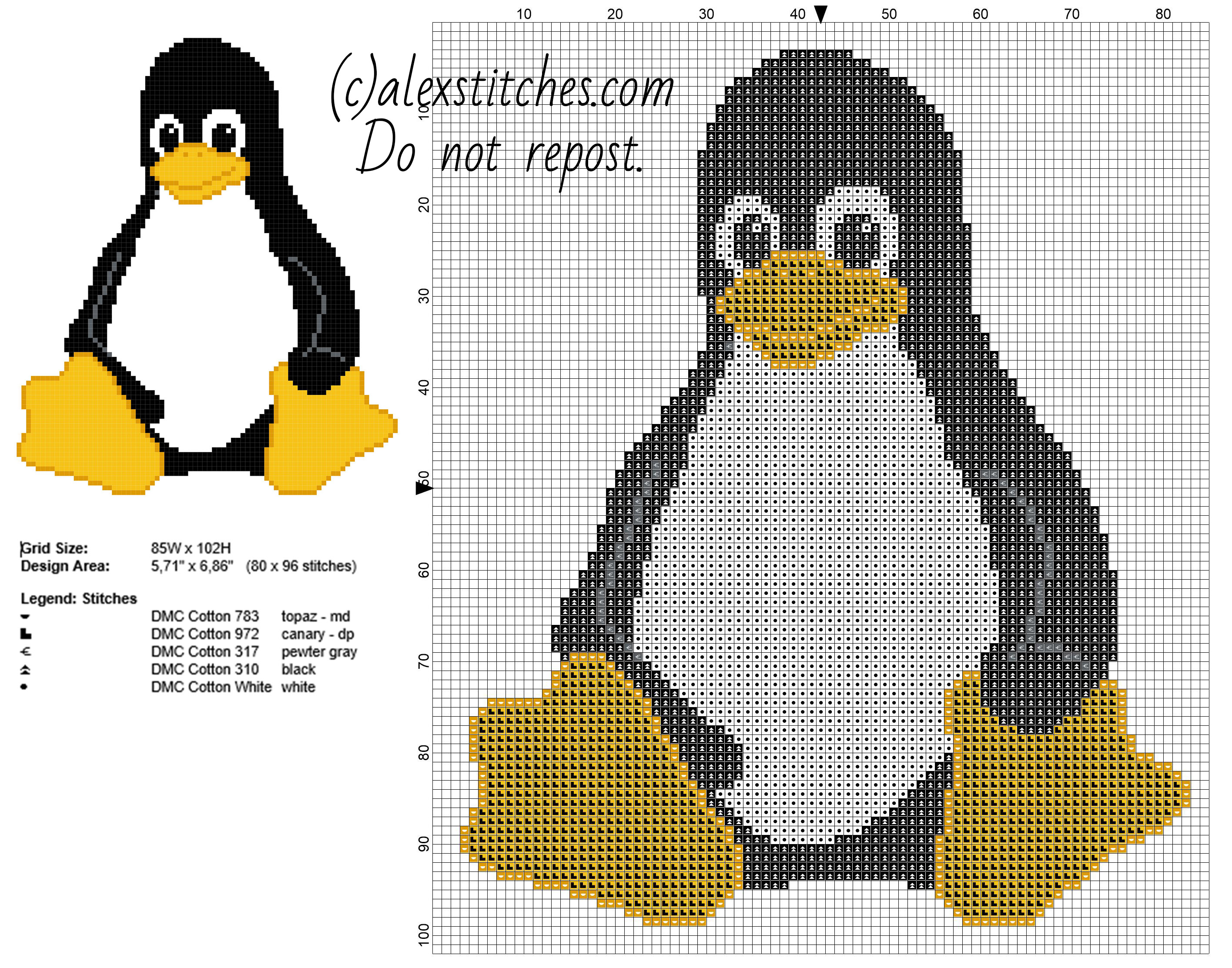 Tux the penguin mascot of Linux free cross stitch pattern made with pcstitch software