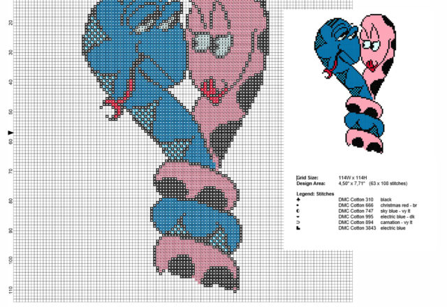 Two snakes in love free blue and pink cross stitch pattern