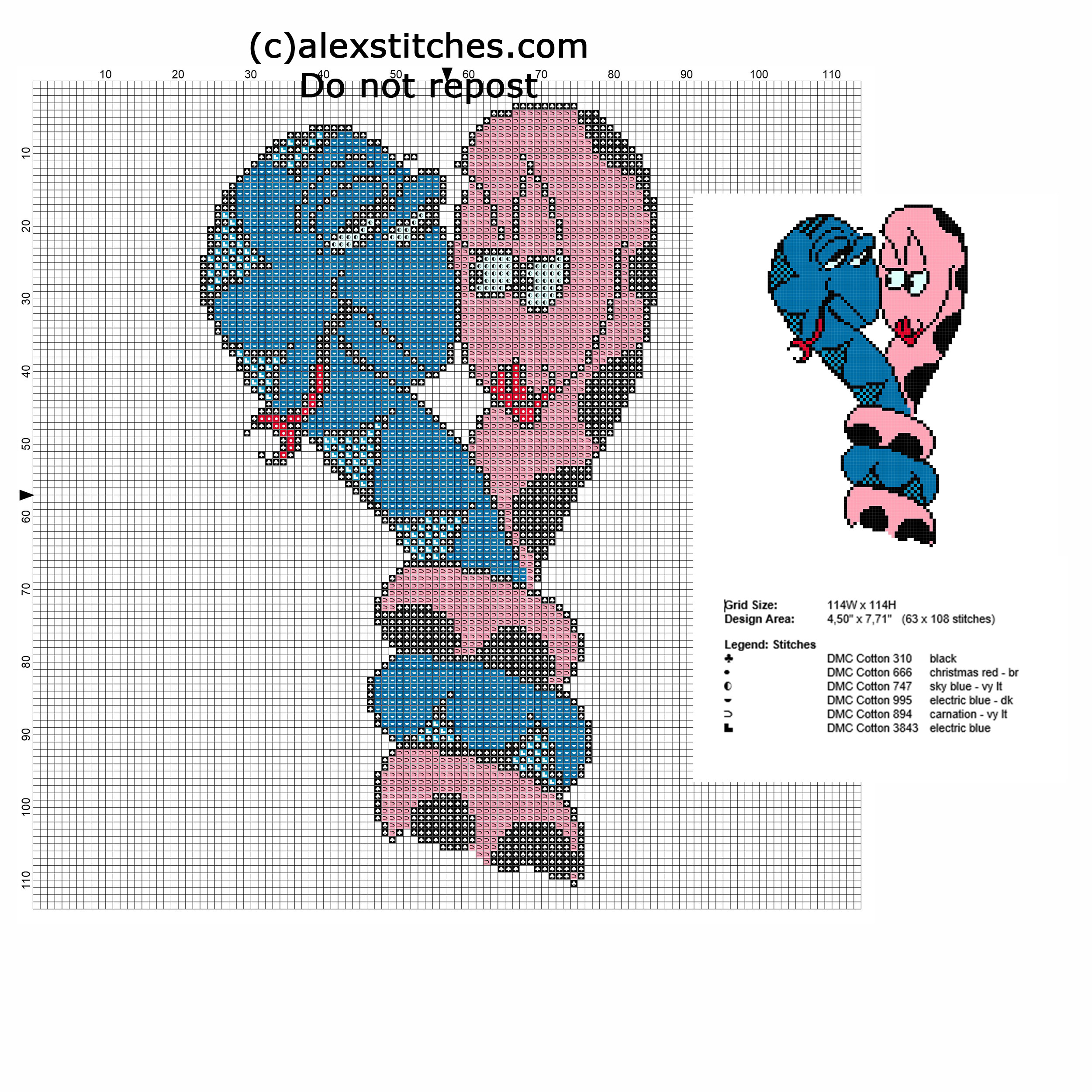 Two snakes in love free blue and pink cross stitch pattern