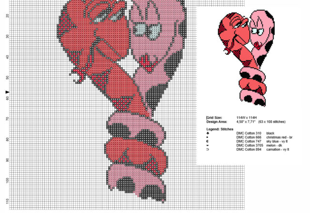 Two snakes in love free red and pink cross stitch pattern