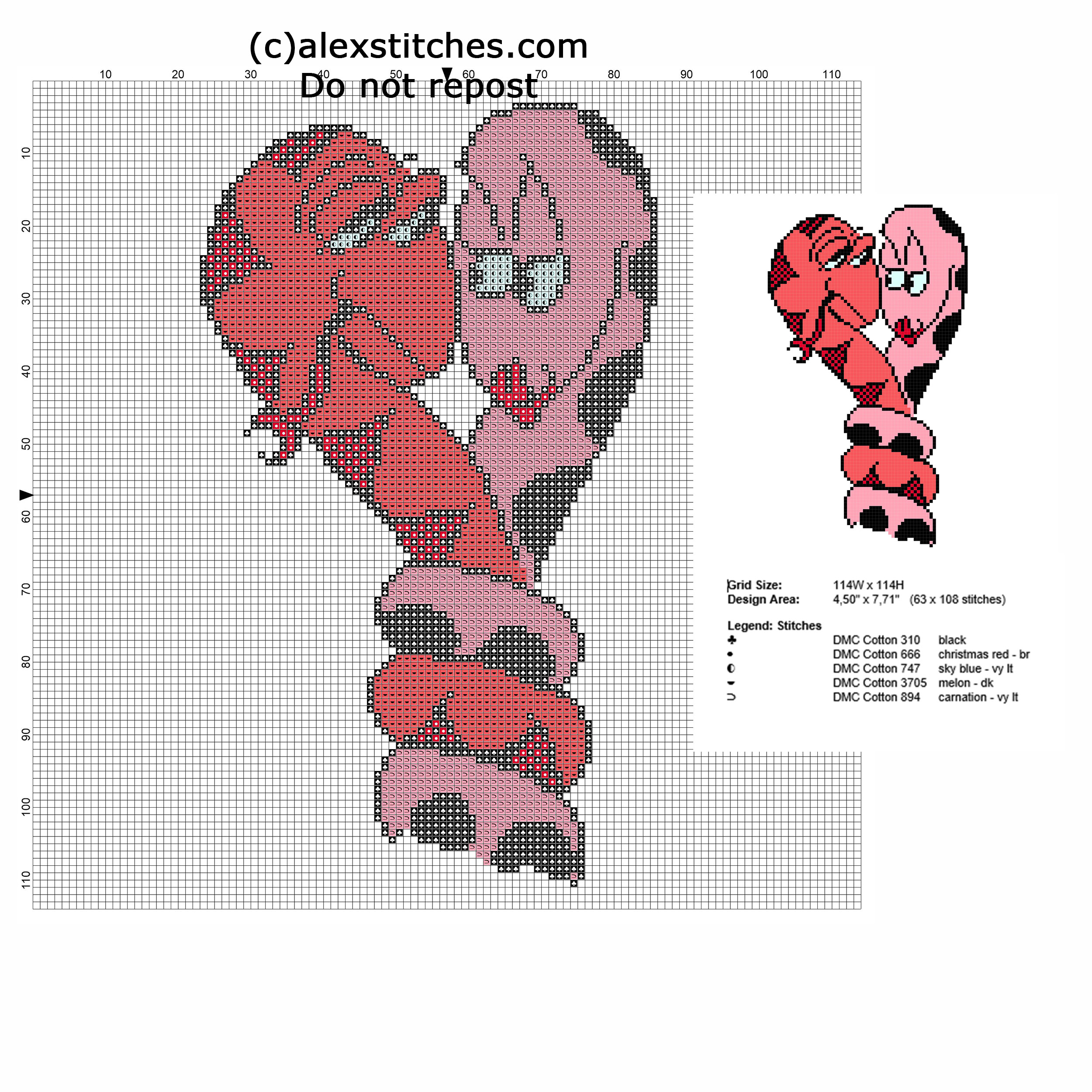 Two snakes in love free red and pink cross stitch pattern