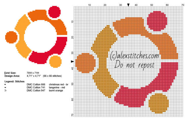 Ubuntu Linux logo free small cross stitch pattern 66 x 66 3 DMC threads