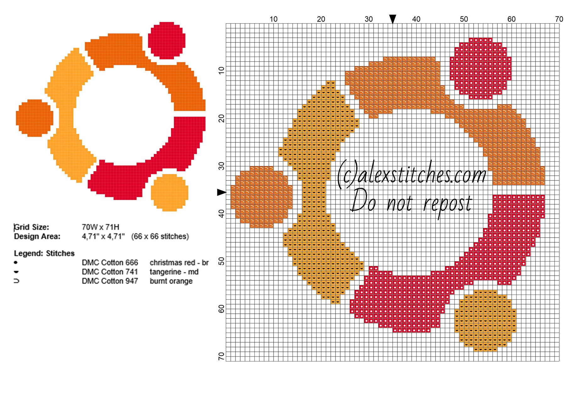Ubuntu Linux logo free small cross stitch pattern 66 x 66 3 DMC threads