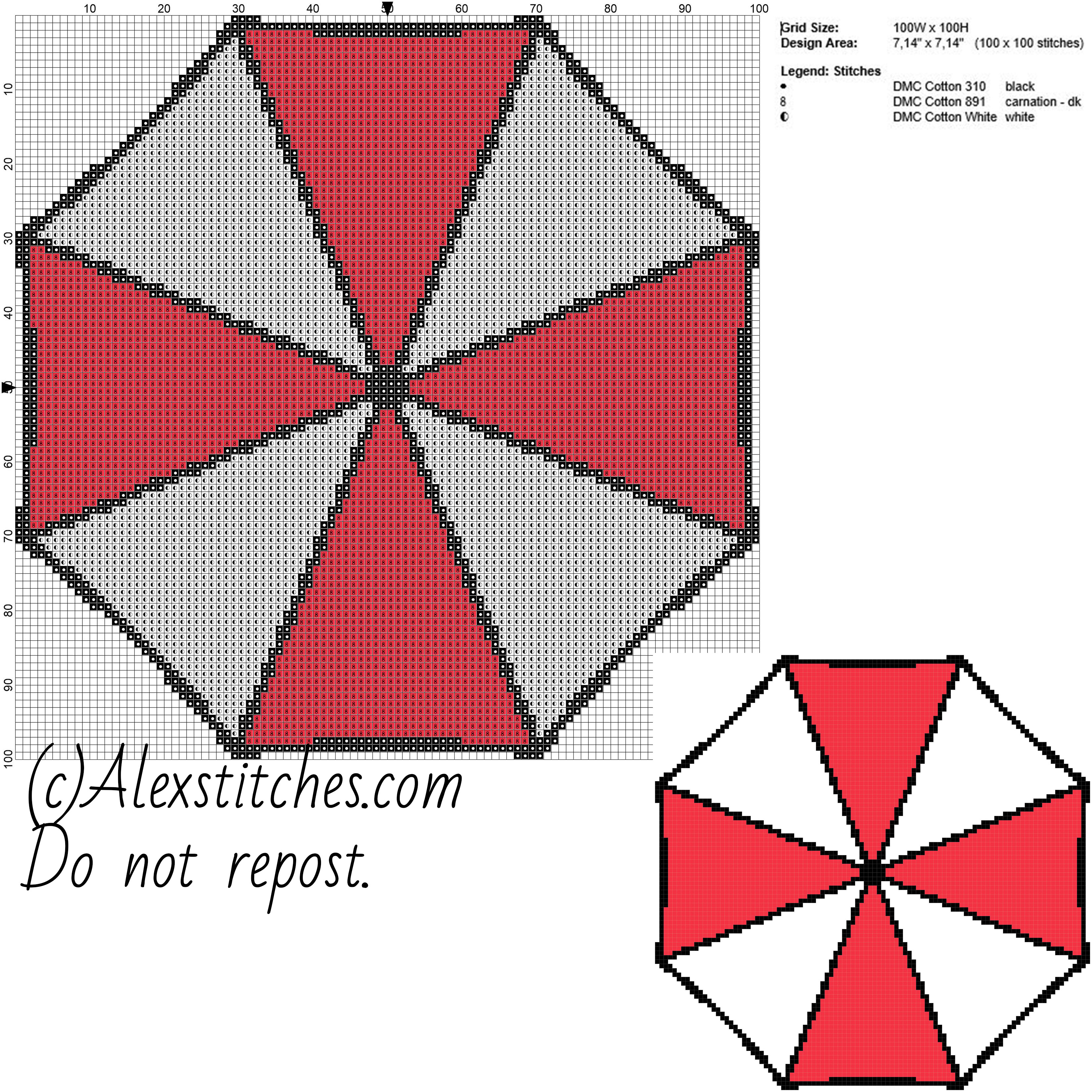 Umbrella Corporation logo Resident Evil free cross stitch pattern videogames 100x100 3 colors