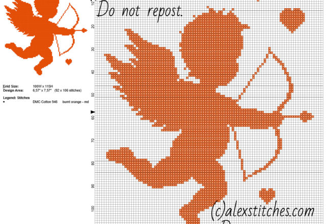 Valentine’ s Day Cupid monochrome free cross stitch pattern 92 x 106 stitches size