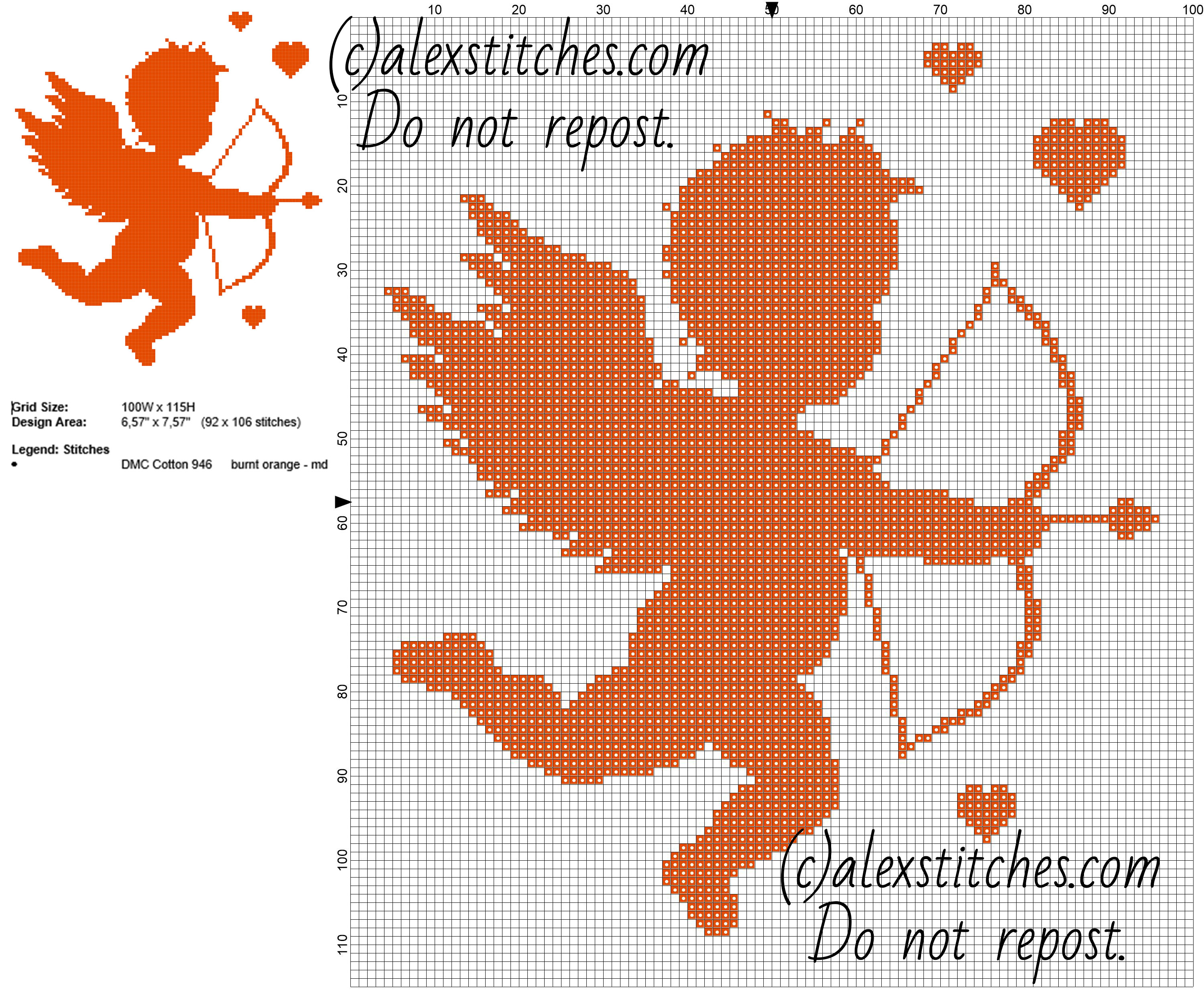 Valentine’ s Day Cupid monochrome free cross stitch pattern 92 x 106 stitches size