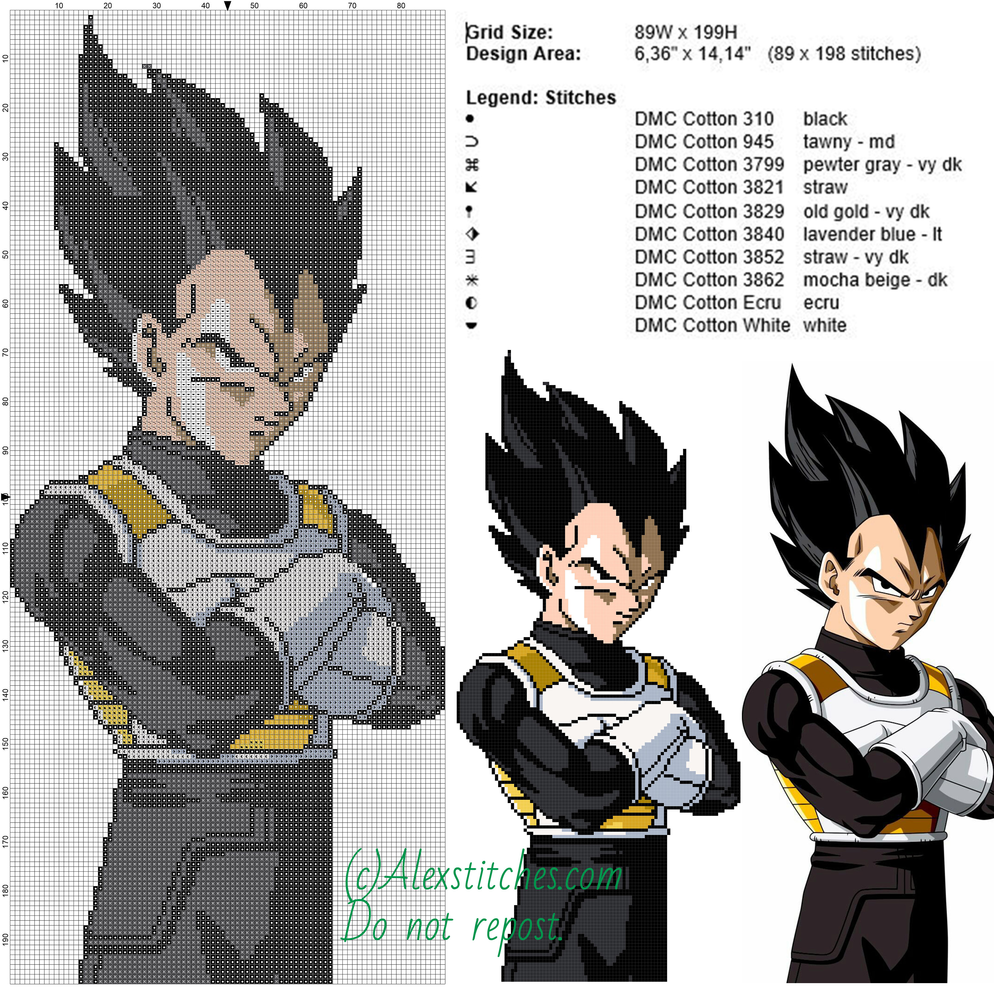 Vegeta (Dragon Ball) free cross stitch pattern 89x199 10 colors