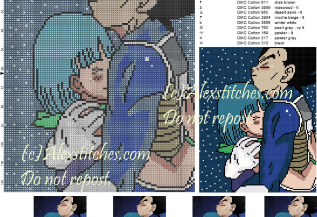 Vegeta and Bulma cross stitch pattern 100x125 14 colors