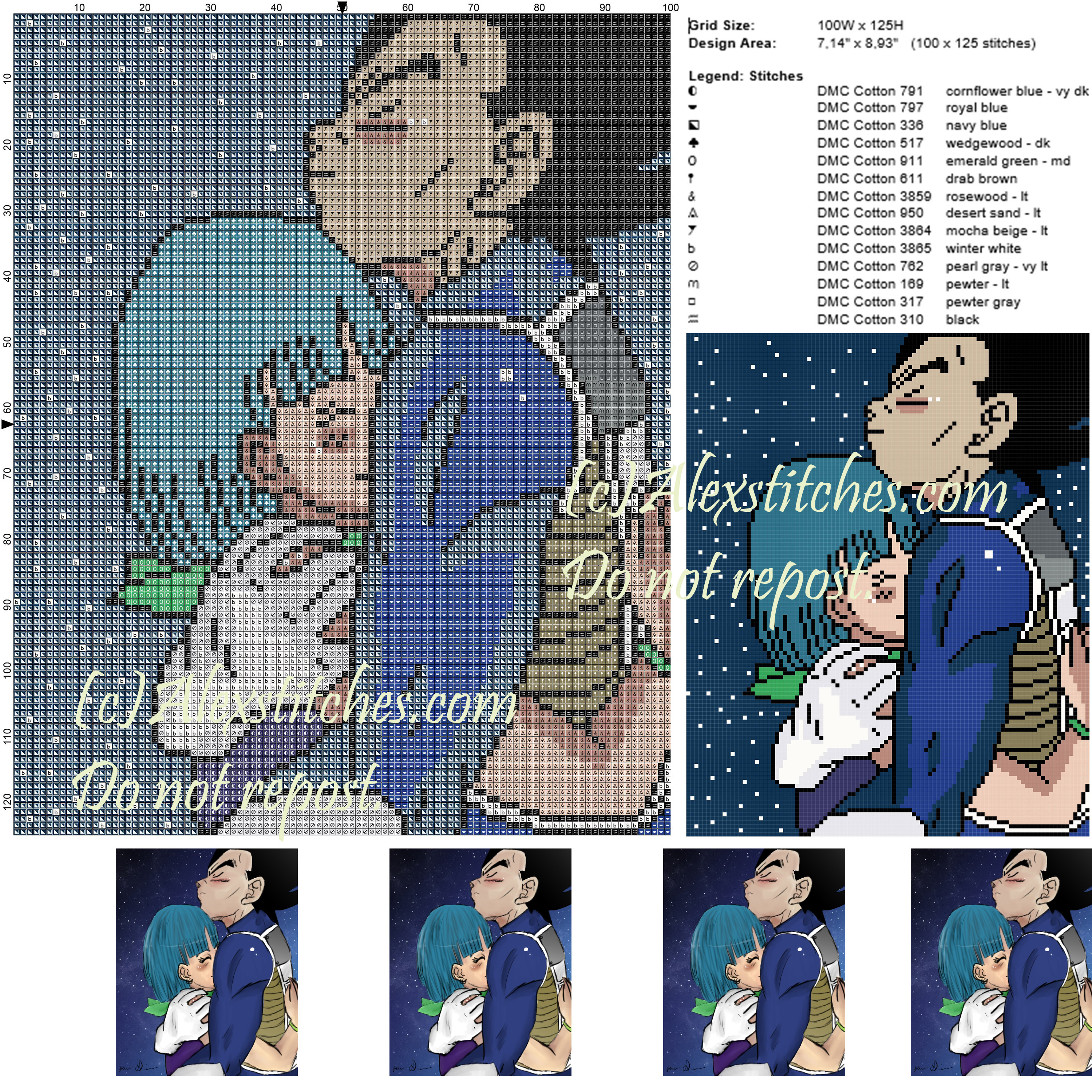 Vegeta and Bulma cross stitch pattern 100x125 14 colors