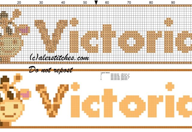 Victoria name with giraffe cross stitch pattern